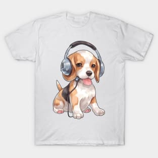 Watercolor Beagle Dog with Headphones T-Shirt